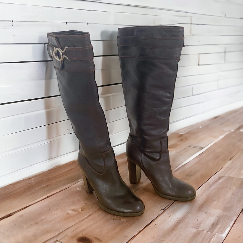 Nine West Tall Brown Leather Pull on Heel Boots, Women’s Size 6
